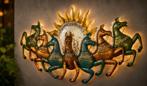 Image of iHandikart Multicolor 7 Running Horses Metal Wall Art with Sun Design | Iron Wall Sculpture for Living Room | Modern Horse Wall Hanging Decor for Home, Office & Hall | 44 x 23 Inch