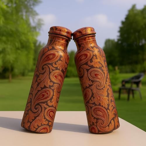 Image of Pure Copper Water Bottle Embossed Honeycomb - 32 oz | Handmade Ayurvedic Copper Vessel for Health & Wellness | Leak-Proof, BPA-Free, Eco-Friendly Gift Bottle