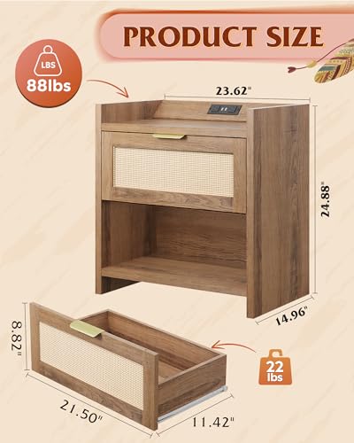 Image of WLIVE Rattan Nightstands Set of 2, Night Stand Sets with Charging Station, Boho Bed Side Table with Storage Drawer and Open Shelf, End Tables Bedroom, Natural Oak