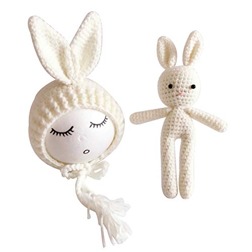 Jastore Infant Newborn Photography Prop Photo Crochet Boys Girls Knit Toy Rabbit Hats (Ivory White)