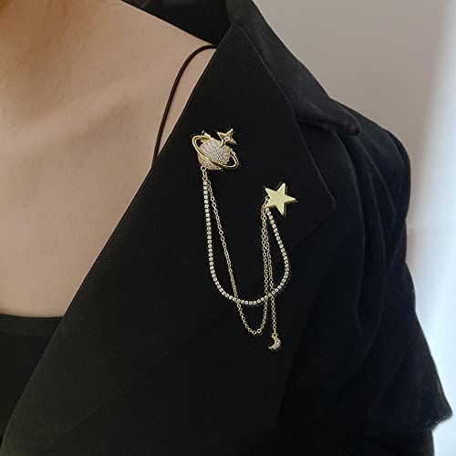 Image of Fashion Planet Star Brooch Pin Cubic Zirconia with Crystal Tassel Chain Crescent Moon Clip Coat Suit Corsage Lapel Brooches Pins for Women Girls Clothing Jackets Badges