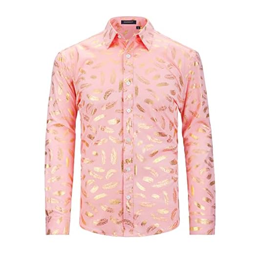 HISDERN Herrar guldtryckta skjortor långärmad blommig glänsande satinklänning skjorta ledig fint mode mönster fest bal skjortor S-2XL, Rosa, XXL