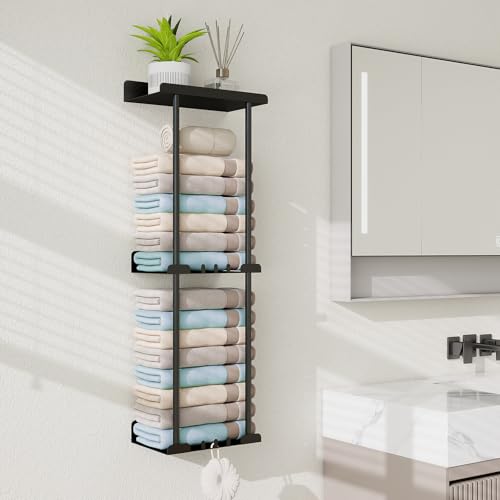 Feligio Handtuchhalter ohne Bohren Schwarz 3 Etagen, Habdtuchhalter Schwarz Wand mit Handtuchhaken, Gästehandtuchhalter ohne Bohren für Küche und Bad