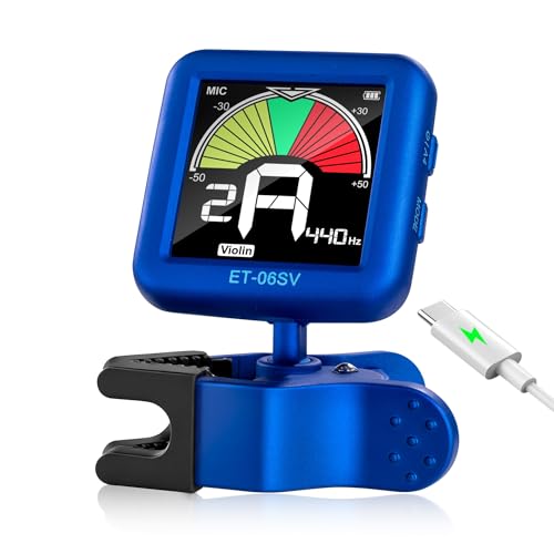 ENO MUSIC Rechargeable Type-C Quick Charge Easy Control Big LCD Display Easy Reading Clip-on Tuner for 4/4 Violin Viola Bass, Blue