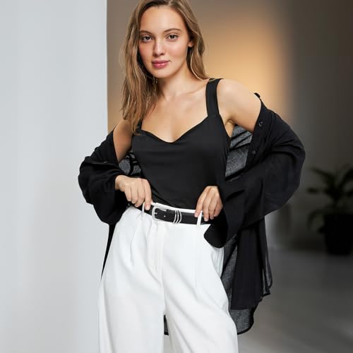 Women's Leather Belts for Jeans Dresses Ladies Waist Belt with Fashion Silver Buckle