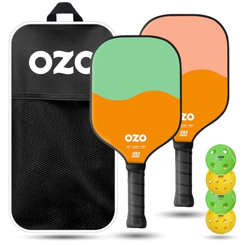 OZO Pickleball – Set mit 4 Schlägern, 4 Bällen und Tasche – Spark Anfänger Kontroll-Schläger + 4 Injektionsbälle (2X Indoor + 2X Outdoor)