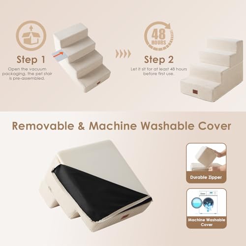 Image of EHEYCIGA Dog Stairs for Bed 18 inch H, 4-Step Dog Steps for High Bed, Pet Steps for Small Dogs and Cats, Non-Slip Balanced Pet Ramp Indoor, Beige