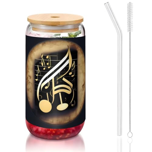 JIUTY Music 1 - Vasos de vidrio con tapa y popote de vidrio, 1 taza de vidrio de 16 onzas, vasos de café y cerveza
