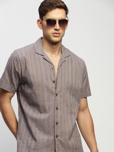 Image of SHOWOFFFF Men Solid Casual Shirt | Cuban Collar Half Sleeves Cotton Shirt for Mens | Relaxed Fit Regular Length Shirt for Men's