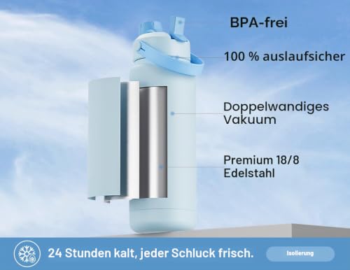 POWCAN Edelstahl Trinkflasche, Auslaufsicher, 2-in-1 Deckel, 946ml – Ansicht 2