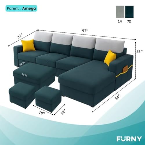 Image of Furny Tokiaa 8 Seater Fabric RHS L Shape Sofa Set with 1 Centre Table & 2 Puffy (Greenish Teal) | Soft Velvet Fabric | Modern Design | Comfortable Seating | Living Room Furniture