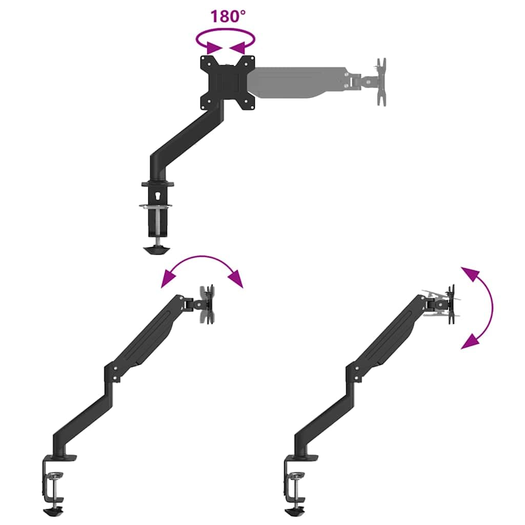 Braccio singolo per monitor da 27 pollici, con molla a gas con inclinazione di 90° verso l'alto e 70° in basso, rotazione di 360°, rotazione di 180°, portata 10 kg, VESA 75 x 75/100 x 100 mm, morsetto