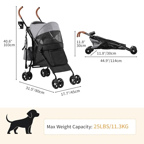 DWVO Hundewagen Hundebuggy für Hunde & Katzen bis 11,3 kg, Faltbar klappbar, Haustiere Buggy mit Kissen, Aufbewahrungskorb, Haustier-Kinderwagen 45x80x103cm, Katzenwagen (Grau Schwarz)