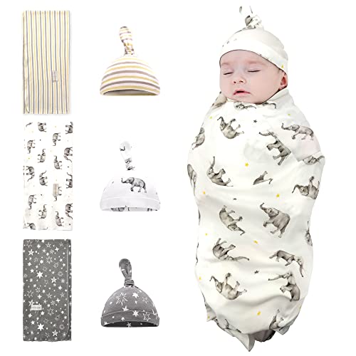 Image of Newborn Swaddle and Hat Set 6 Pack 100% Cotton Knitted Muslin Baby Blankets 35" x 35" Baby Receiving Blankets Stroller Soft Unisex Newborn Swaddle Wrap for Girls and Boys (Elephant+Star+Stripes)