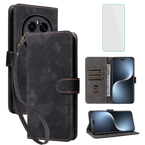 IUQXU Handyhülle für Honor Magic7 Pro 5G Hülle mit Schutzfolie RFID Stoßfeste Schutzhülle Kartenfach Klapphülle Wallet Lederhülle für Honor Magic 7 Pro Magic 7Pro Honor Magic7Pro 5G Schwarz
