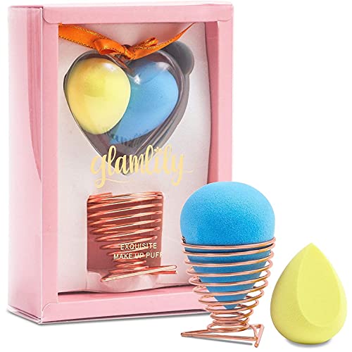 Heart Shaped Makeup Sponge Set with Holder (Blue, Yellow, 3 Pieces)