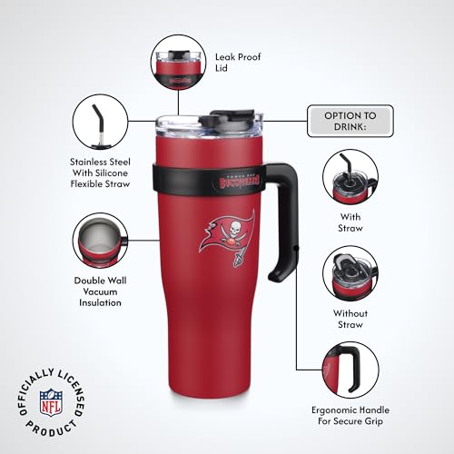 Image of The Memory Company Officially Licensed 46oz Team Color Slim Tumbler with Straw and Handle, Tampa Bay Buccaneers