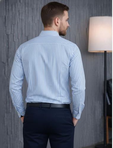 Image of MILDIN Men's Pure Cotton Striped Printed Shirt with Spread Collared Neck Full Sleeve Curved Hemline Button Closure and Regular Fit | Shirt for Man