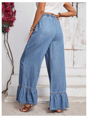 SweatyRocks Women's High Waist Ruffled Hem Wide Leg Baggy Jeans Denim Long Pants2
