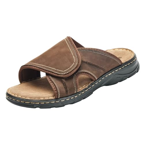 Men's Leather Slide Sandal Open Toe Adjustable Walking Sandals with Soft Comfy Arch Support Athletic Slippers