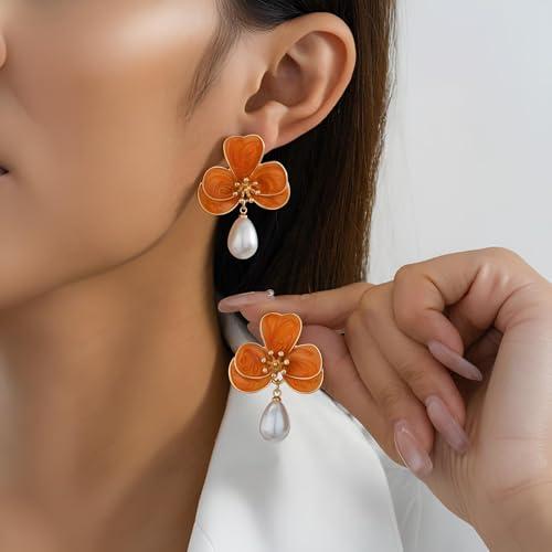 Flower Earrings for Women Pearl Statement Drop Dangle Earrings Pink Blue Orange Flower Stud Earrings Wedding Party Statement Floral Jewelry2