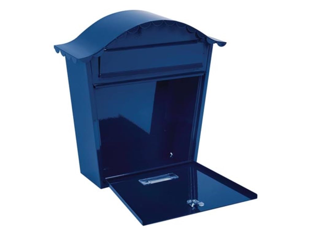 Perel Boîte aux Lettres Murale extérieure Paris Bleue avec Porte-nom et Serrure, boîte aux Lettres en Acier galvanisé avec 2 clés et Accessoires de Fixation, Toit Arrondi, résistante aux intempéries
