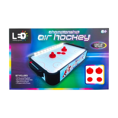 LED Championship Air Hockey Set – Mini Pool Table – Table Football Game – LED Light-Up Air Hockey Set with 2 Pushers 2 Pucks Compact Portable Arcade Fun for Families
