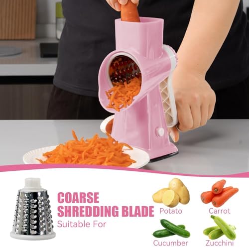 Image of KEOUKE Rotary Cheese Grater Hand Crank Pink - Shredder Slicer Grinder 3 Stainless Steel Blades, Stable Suction, Labor-Saving Handle, Safe Kitchen Tool for Cheese, Vegetable, Nuts, Chocolate