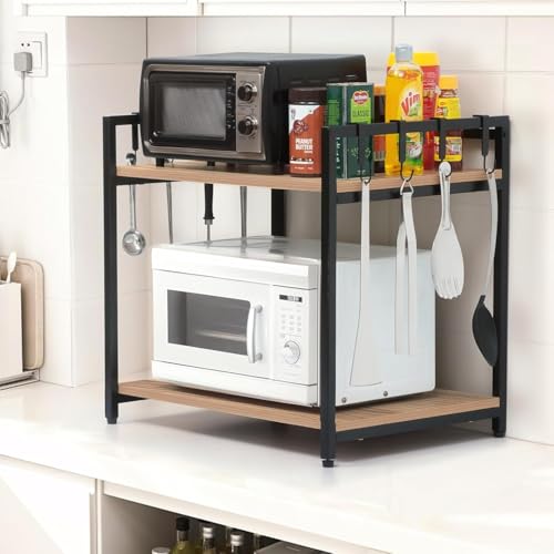 Image of REMANENCE Microwave Stand, Oven Stand for Kitchen Storage Shelf, 2 Tier Microwave Rack with Hanging Plastic Hooks - Tiered Shelf - Heavy Metal Frame with Engineered Wood