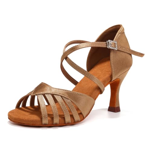 Women's Latin Dance Shoes Satin Professional Ballroom Salsa Practice Performance Dancing Shoes, Model 956DB