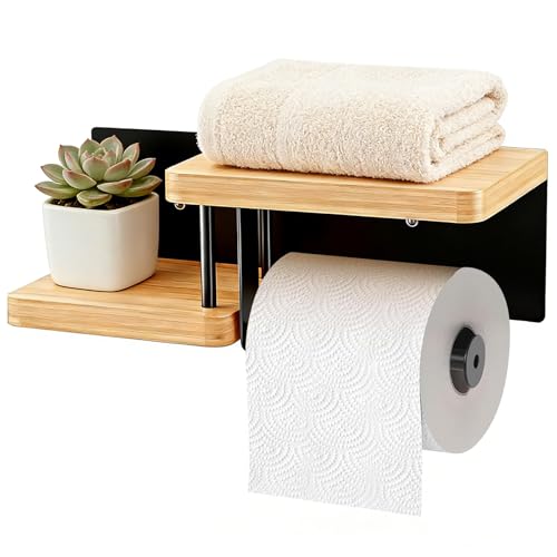 Porte Papier Toilette Mural en Bois de Bambou | sans Percage | 5KG Capacité | Derouleur Papier Toilette de Haute qualité avec étagères | Noir | Porte...