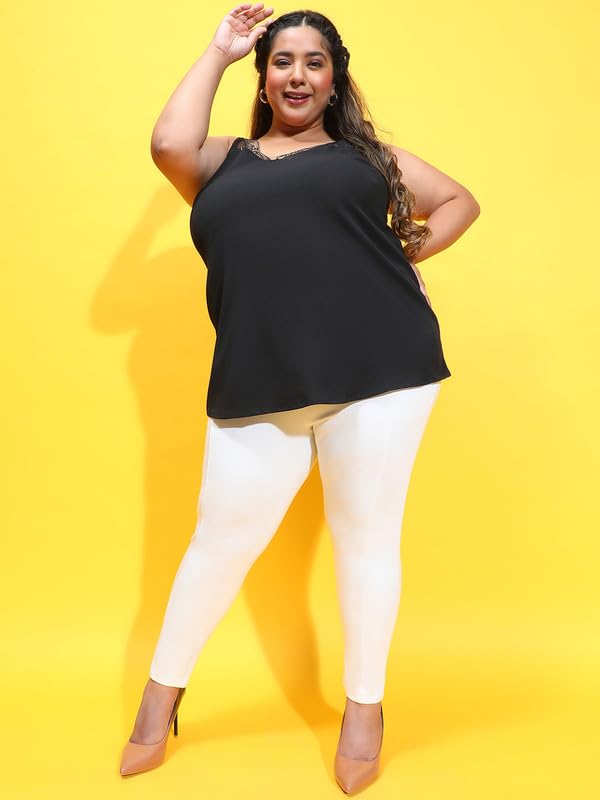 Image of oxolloxo Women Plus Size Soild V-Neck with Lace Detailed Sleeveless Strappy Top