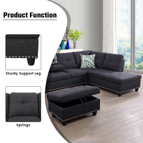 Glasflength MZX052915 L Shaped Sectional Sofa With Ottoman, Nail-Head Design Linen Right Facing Modern Couches With Cup Holder For Living Room thumb #3