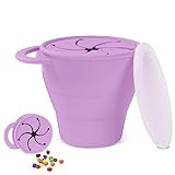 Vicloon Collapsible Silicone Baby Snack Cup, Baby Snack Cup, Silicone Snack Cup Non Spill Snack Pot for Baby, Snack Catcher Food Cup with Lid, Snack Pot for Toddler (Purple) - Image 1