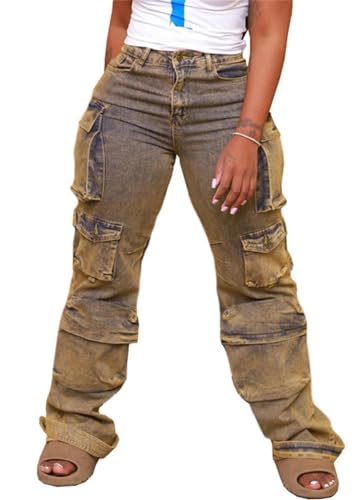 Women's Cargo Pants Y2K High Waisted Baggy Jeans Flap Pocket Wide Leg Denim Pants Streetwear