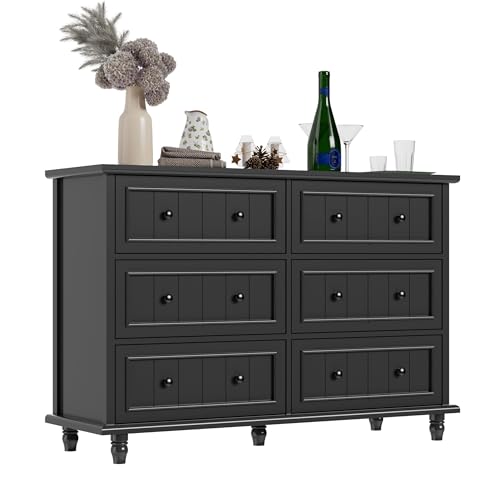 Image of Black 6 Drawer Dresser, Vintage Chest of Drawers, 47.2'' Bedroom Cabinet