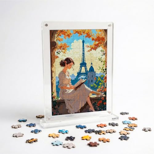 Image of Mini Leaves Parisian Stroll Acrylic Frame Jigsaw Puzzle 140 Pieces | Cafe Street Desk Decor with Display Frame | Premium Gift for Art & Puzzle Lovers