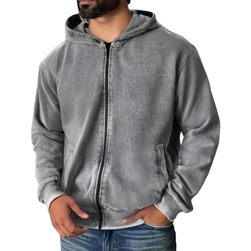 Men's Zip Up Hoodie Casual Long Sleeve Lightweight Cotton Sweatshirt Drawstring Workout Hooded Jacket with Pocket