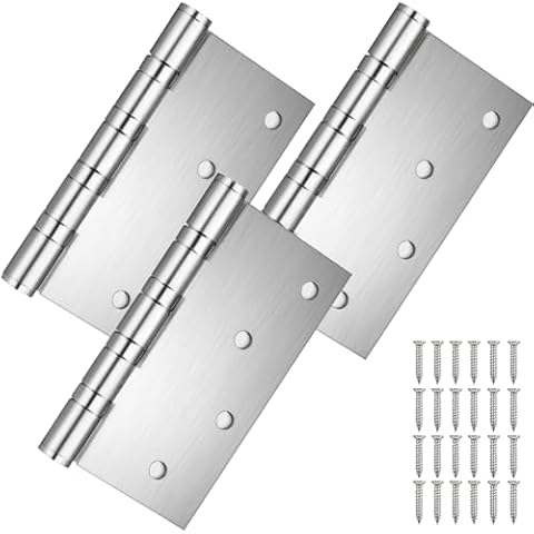 Qkenvo 4'' Door Hinges 304 Stainless Steel 4 X 4 Inch 3 Pack Square Corner Door Hinges Ball Bearing Door Hinges Heavy Duty for Exterior Interior Doors with Non-Removable Pin (Silver, 3 Pack) Cover