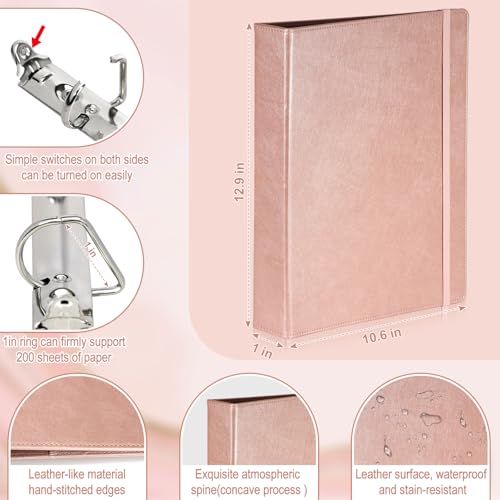 2 Pack Letter Size 3 Ring Leather Binder 1 inch D-Ring Professional Binder Organizer Planner Binder Portfolio Organizer for Holds 200 Sheets with 2 Inner Pockets for School Office Work (Rose Gold) - Thumbnail 2