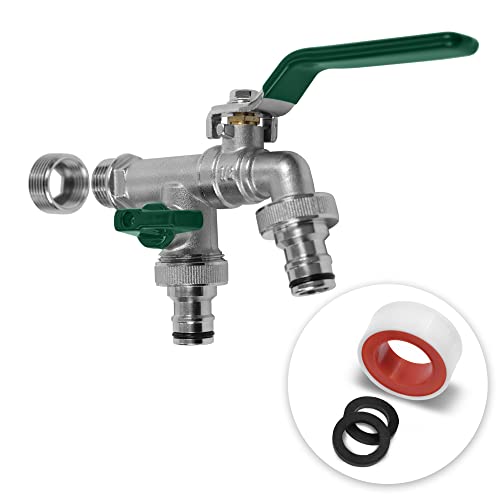 YourCasa Wasserhahn Garten 1/2 Zoll & 3/4 Zoll aus Messing inkl. 2 Schlauchanschlss & Dichtband - Kugelhahn Aussen Frostsicher - Auslaufhahn Regentonne Außenwasserhahn Auslaufventil (Doppel Grün)