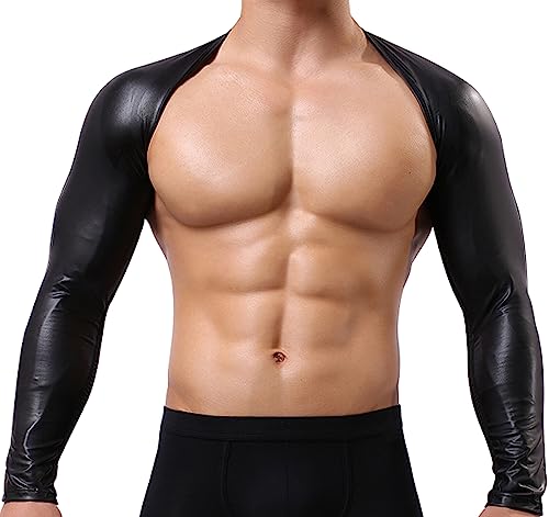 Men's Meatllic Shiny Sleeveless Crop Top Open Front Muscle Long Sleeve Bolero Shrug Cardign Rave Top