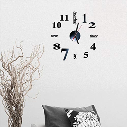 BESSKY DIY Creative Digital Clock 3D Acrylic Mirror Self-Adhesive Home Decor Mural Decals Roman Numbers Mute Wall Sticker Clock Black