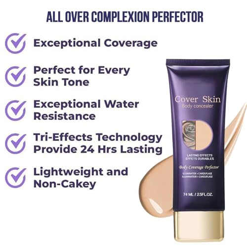 All Over Complexion Perfector mit Pinsel, Body Coverage Perfector für Bein,Tattoo Abdeckung Wasserfest, Abdeckcreme für Besenreiser, Narben Concealer, Leg Makeup,Langanhaltend Körper Make Up 74ML