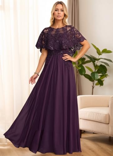 Cape Sleeves Mother of The Bride Dresses for Wedding Long Sequin Laces Chiffon Mother of The Groom Dress with Pockets2