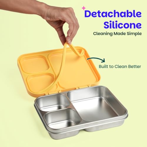 Image of Basil Bento Ace 3C Stainless Steel Lunch Box for Kids | 3 Compartment Leakproof Tiffin Box for Teens & Adults | BPA-Free, Easy-to-Open School Lunch Box | Kitty Party