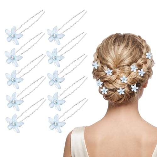 DOORIO 10Pcs Blue Flower Hair Pins Rhinestone Flower U-Shaped Hair Pins for Wedding Bridal Prom Hair Accessories Something Blue for Bride