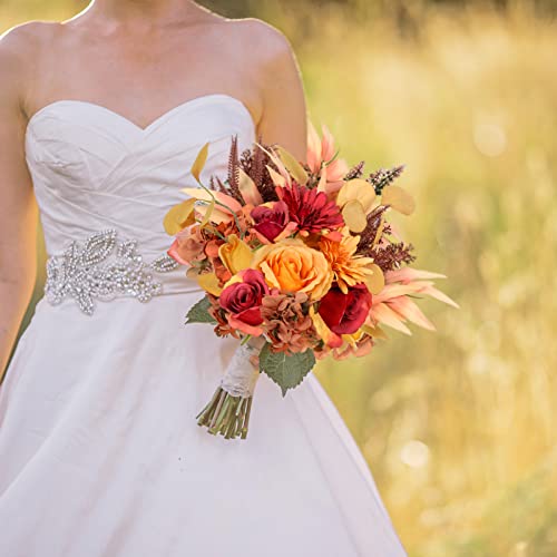 Deemei Artificial Flowers Arrangements Fake Plants Silk Rose Chrysanthemum Flower Fall Floral Wedding Bouquet For Bridal Bridesmaid Rustic Home Table Centerpieces(Orange) #TOP5