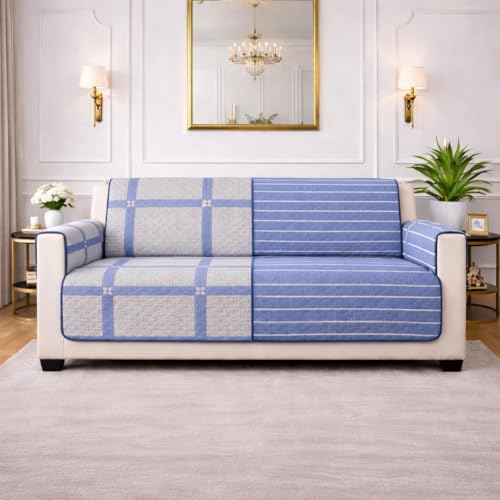 Image of STITCHNEST 'Double Vie Collection Series' Cotton Quilted Reversible Sofa Cover 1 Seater with Arm Rest and Pocket | Size 24x60 Inch