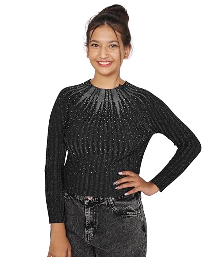 Image of ICW Women Knitted Rhinestone Embellised Daimond Studded Mesh Round Neck Long Sleeve Crop Top T-Shirt 206